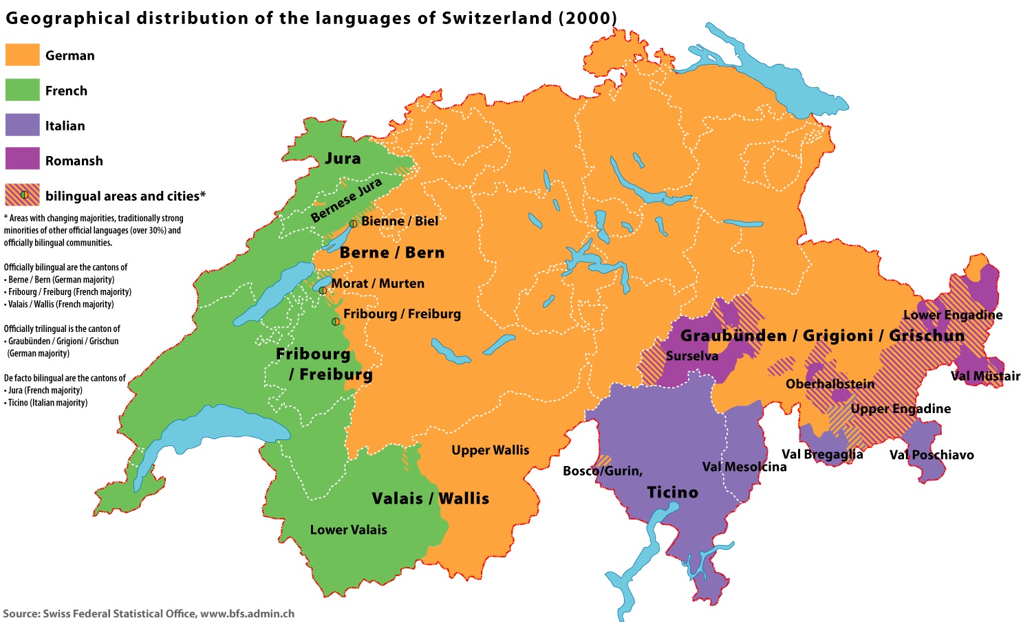 Map showing distribution of Swiss languages (Wikimedia Commons)